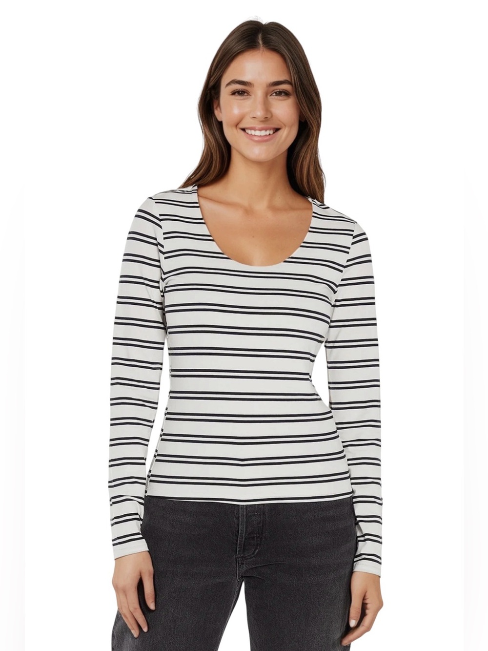 NWT Three Dots Scoop Neck Long Sleeve Tee in Egret / Black Beauty Stripe Size XL